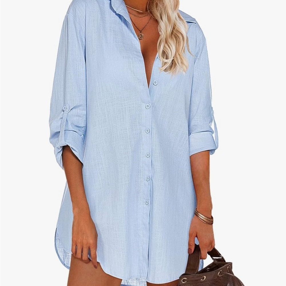 Light Blue Button-Up Shirt Dress